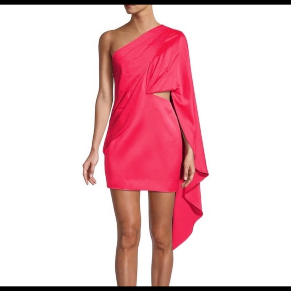 SIGNIFICANT OTHER ANNE HOT PINK FUCHSIA SILKY ONE SHOULDER DRAPED SLEEVE DRESS